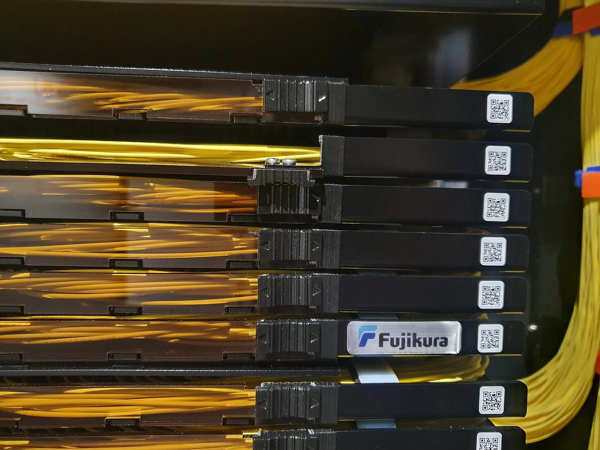 Bundles of optical fibre in a museum rack, close up
